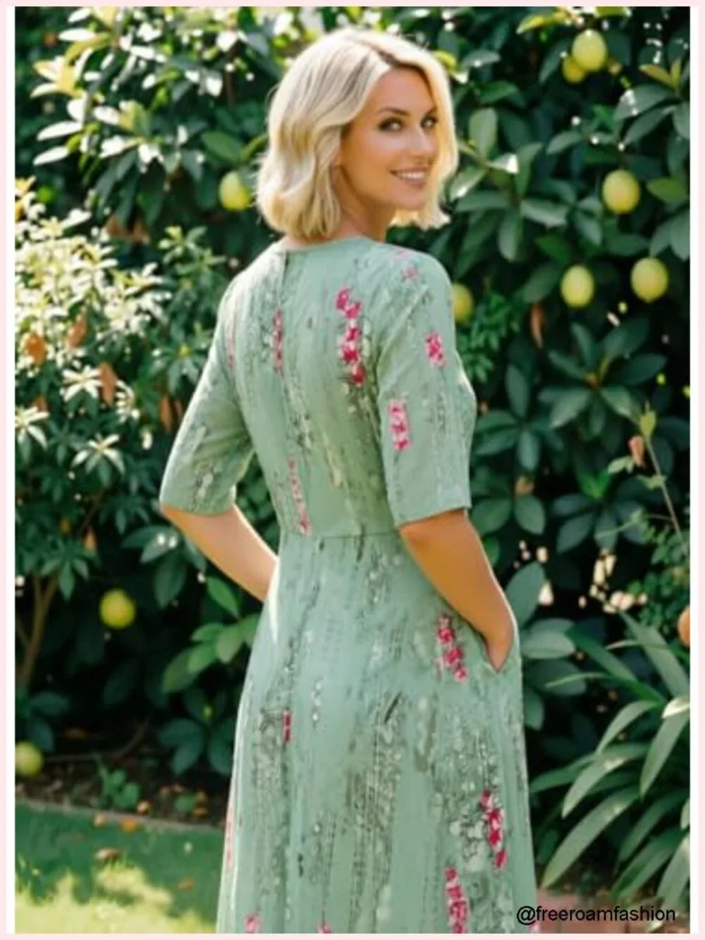 Women's Boho 3/4 Sleeve Midi Dress with Pockets Flowy A-Line